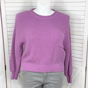 Moon & Madison Ribbed Shaker Knit Rolled Collar Pocket Crop Sweater Purple Large
